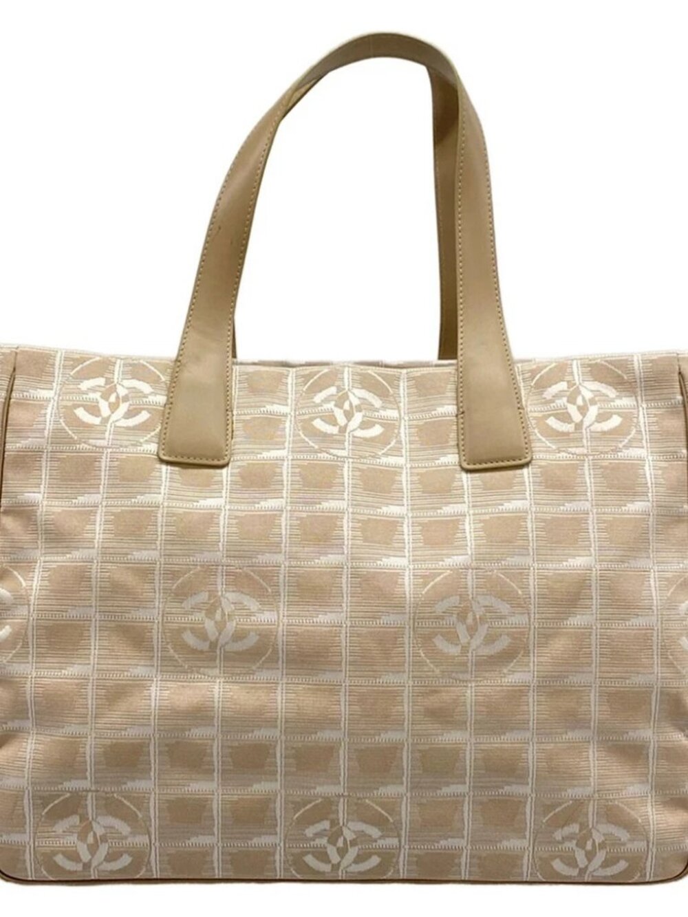 CHANEL New Travel Line Tote MM Beige White Nylon Jacquard Leather Tote Bag